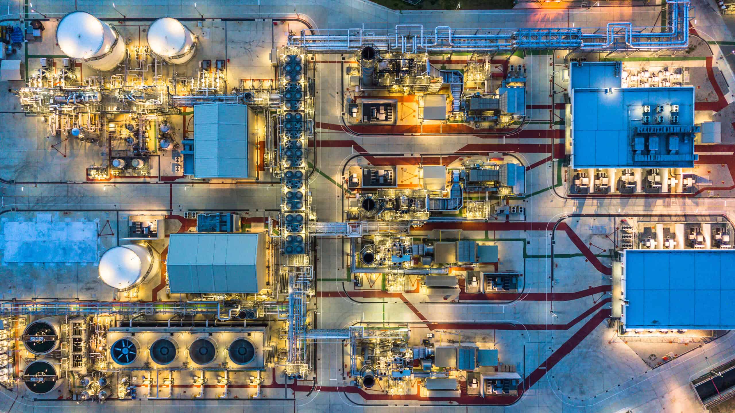 Aerial view Petrochemical plant at night, Oil refinery plant at night.