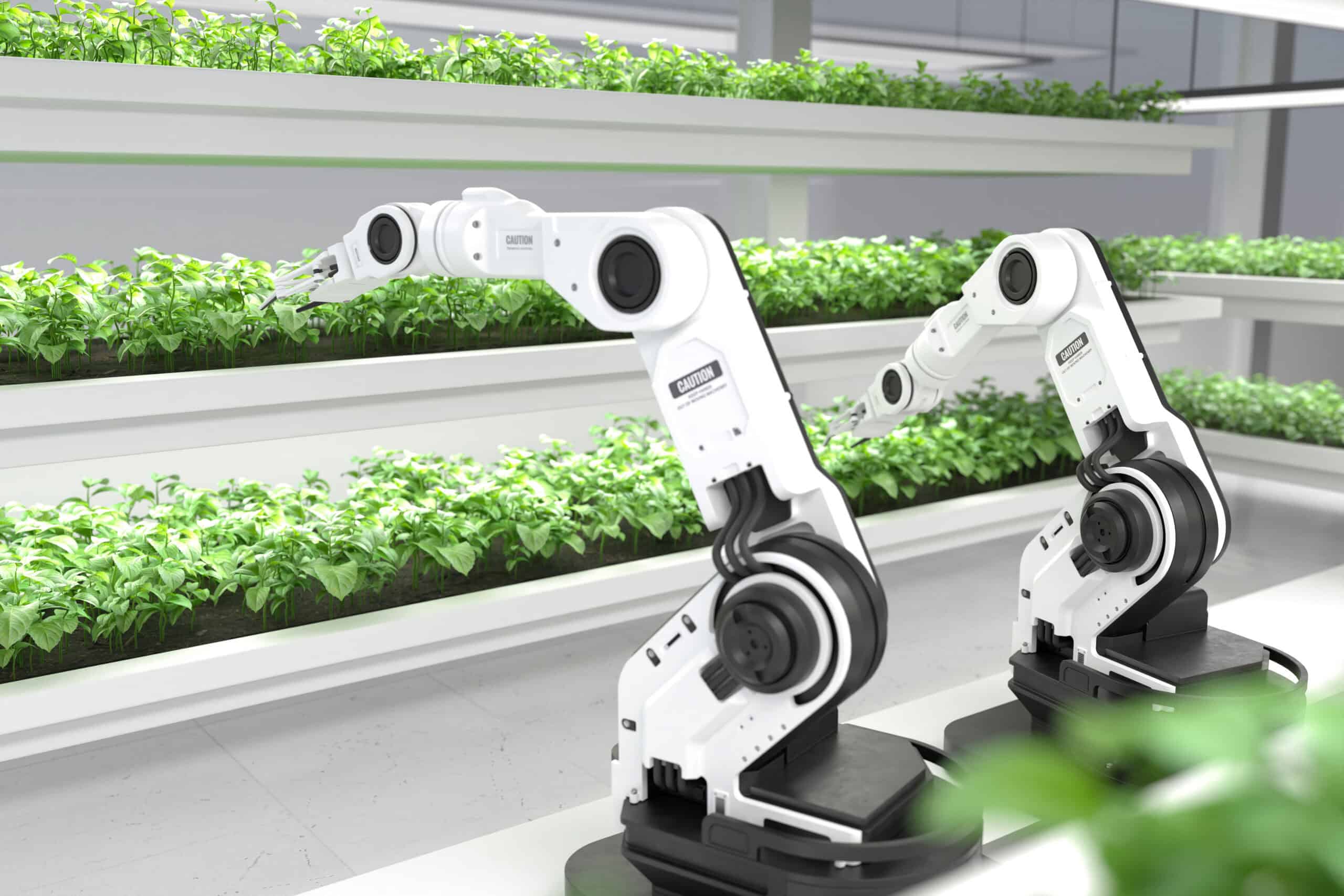 Smart robotic farmers concept, robot farmers, Agriculture technology, Farm automation. 3D illustration